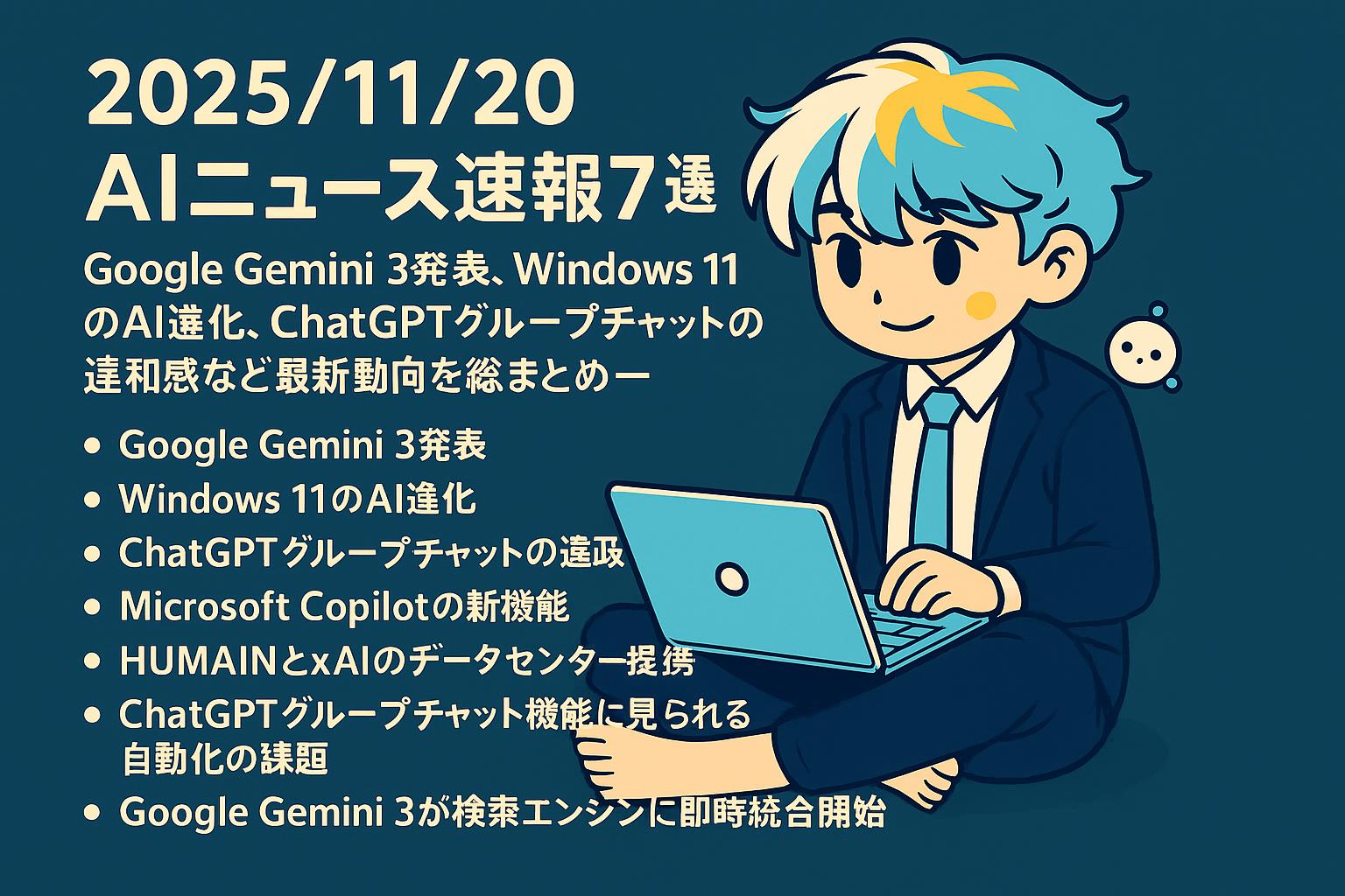 2025/11/20 AIニュース速報7選～Google Gemini 3発表、Windows 11のAI進化、ChatGPTグループチャットの違和感など最新動向を総まとめ～