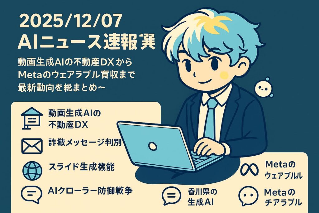 2025/12/07 AIニュース速報7選～動画生成AIの不動産DXからMetaのウェアラブル買収まで最新動向を総まとめ～