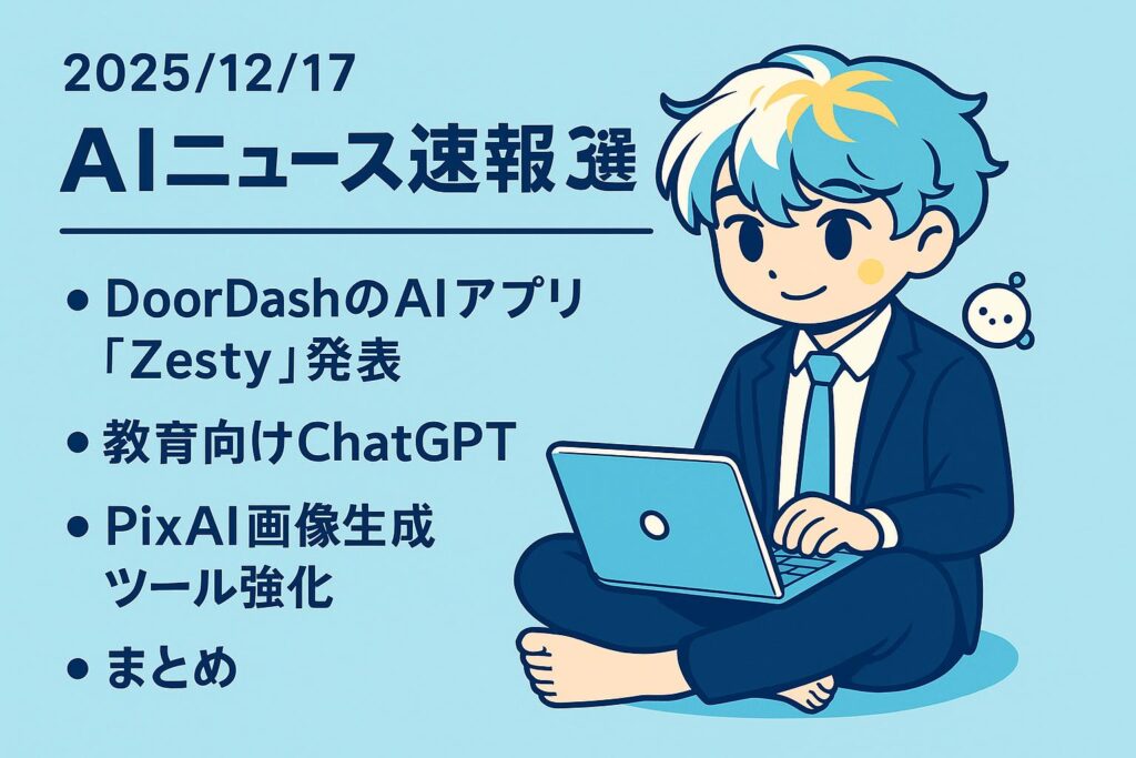2025/12/17 AIニュース速報3選～DoorDashのAIアプリ「Zesty」発表、教育向けChatGPT、PixAI画像生成ツール強化～