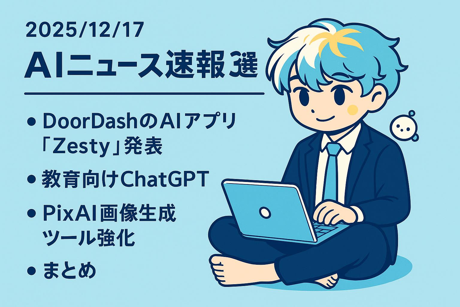 2025/12/17 AIニュース速報3選~DoorDashのAIアプリ「Zesty」発表、教育向けChatGPT、PixAI画像生成ツール強化~