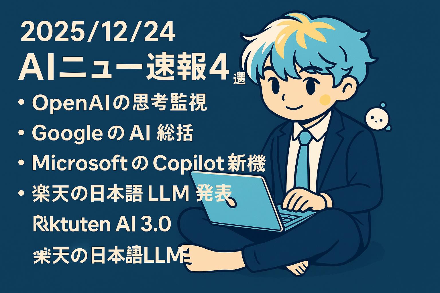 2025/12/24 AIニュース速報4選～OpenAIの思考監視・GoogleのAI総括・MicrosoftのCopilot新機能・楽天の日本語LLM発表～