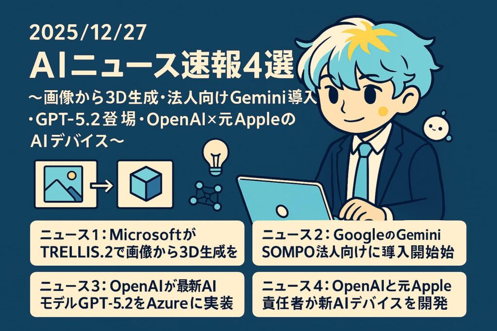 2025/12/27 AIニュース速報4選～画像から3D生成・法人向けGemini導入・GPT-5.2登場・OpenAI×元AppleのAIデバイス～