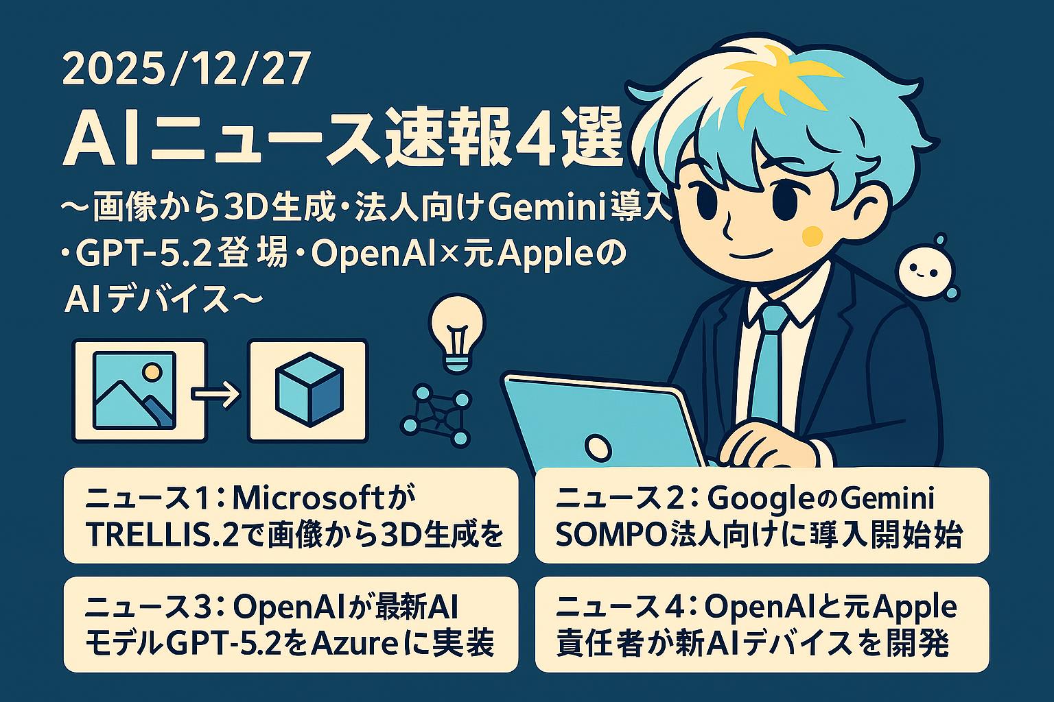 2025/12/27 AIニュース速報4選～画像から3D生成・法人向けGemini導入・GPT-5.2登場・OpenAI×元AppleのAIデバイス～